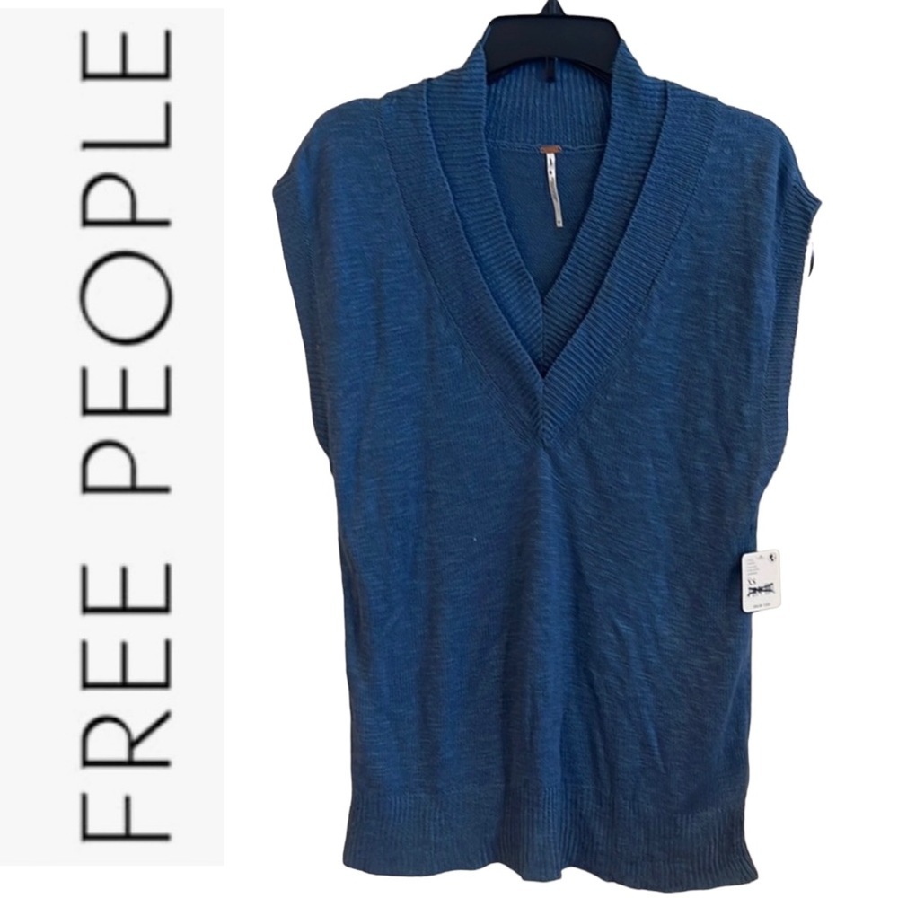 NWT Free People Sleeveless Double V-Nevk Sweater Vest blue xs